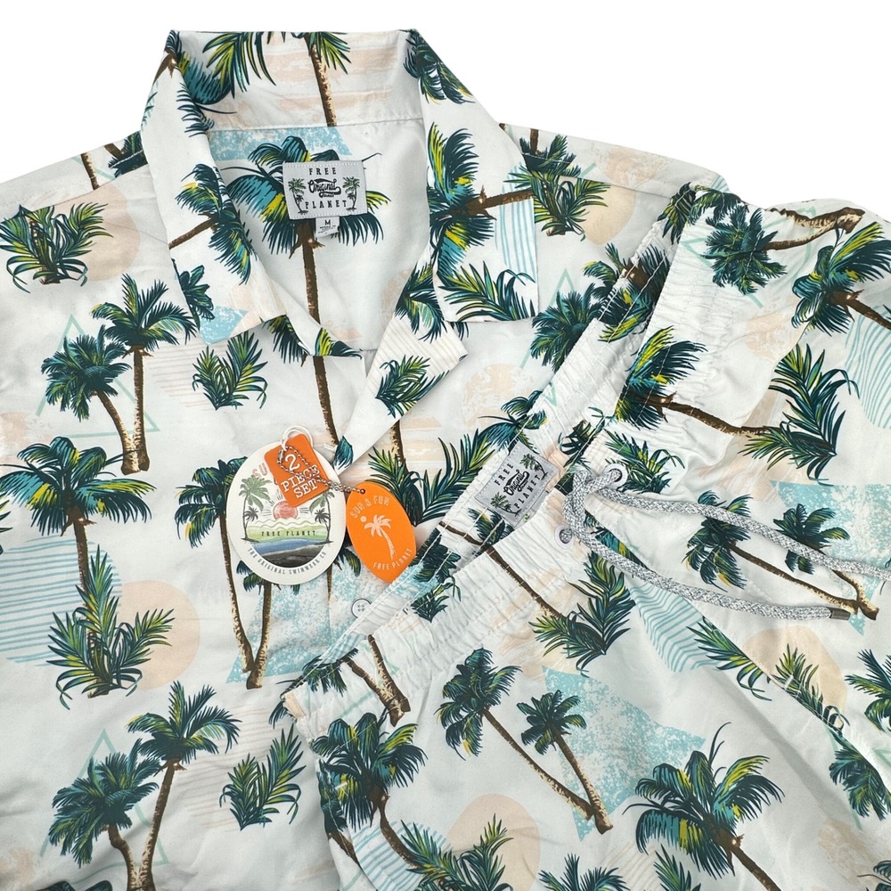 Free Planet Cabana Set Mens Medium Paradise White‎ New 2 Piece Shirt Swim Shorts